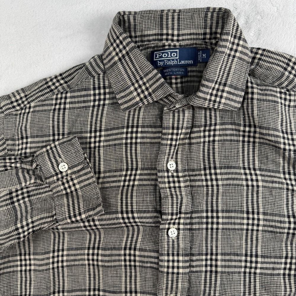 Vintage Polo Ralph Lauren Westerton Shirt Men M 100% Linen Tartan Glen Plaid